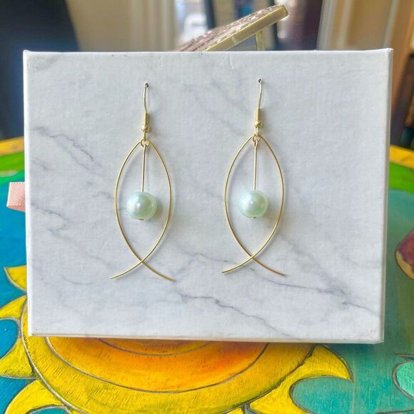 Gold Fish Earrings with Hanging Aqua Faux Pearl Bead - Picture 3 of 3